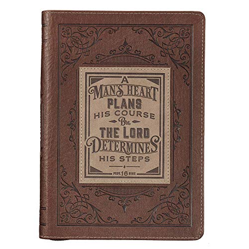Classic Faux Leather Journal a Man's Heart Proverbs 16:9 Bible Verse Brown Inspirational Notebook, Lined Pages W/Scripture, Ribbon Marker, Zipper Closure